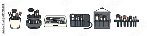 Collection of various makeup brush organizers and storage solutions