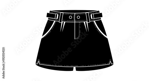 Black and white illustration of a pair of high waisted shorts with a belt and pockets