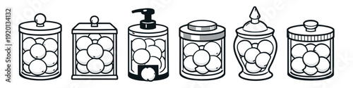 Collection of various glass jars filled with round objects, perfect for bathroom organization