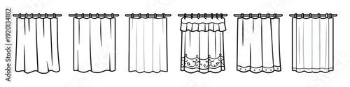 Collection of different curtain styles hanging from a rod, illustrated in black and white