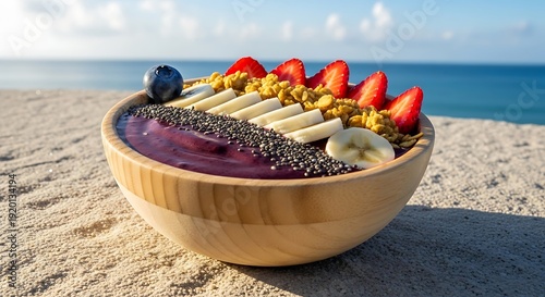 Wooden bowl filled with smoothie topped with fresh fruit and seeds rests on sandy shore with ocean background
