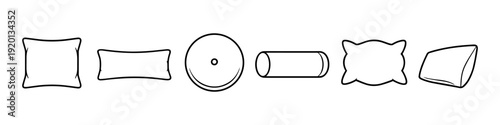 Collection of various pillow shapes and styles in a simple line art illustration