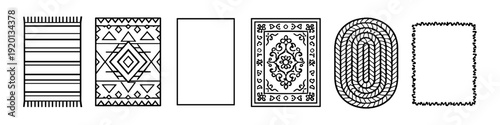Collection of diverse rug designs and patterns in a clean line art style