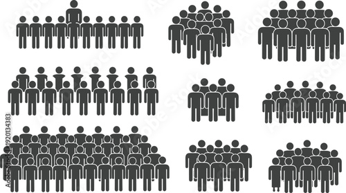 Group of stylized human figures in various formations, teamwork and leadership concept illustration, demographic representation icons for social organization, community, and collaboration design 