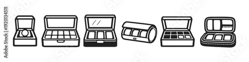 Collection of various open cosmetic and jewelry boxes and cases, simple line art icons