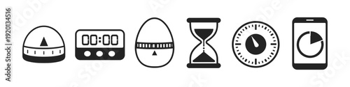 Collection of various timer icons including kitchen, digital, hourglass, and smartphone apps