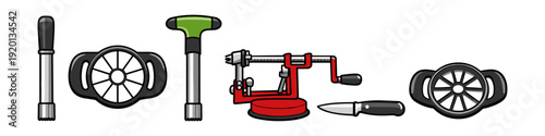 Collection of kitchen tools for preparing fruit, including apple slicers and peelers