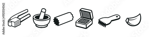 Collection of kitchen tools for preparing garlic and herbs in a simple line art style