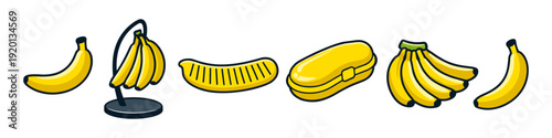 Collection of cartoon bananas in various forms and arrangements on a white background