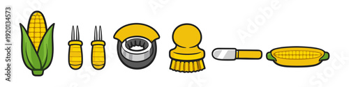 Collection of cartoon corn cob and kitchen tools for preparing corn