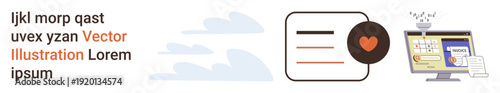 Digital services, web design, branding, technology displays, online content, creative projects. Heart icon, document monitor with a web interface. Web design and digital services concepts