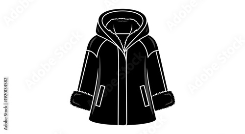 Black and white line drawing of a hooded winter coat with fluffy cuffs high quality professional
