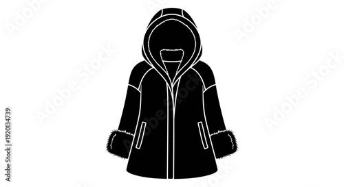 A black and white illustration of a hooded winter coat with fluffy trim high quality professional detailed modern