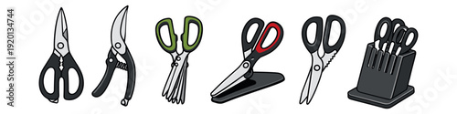 Collection of various types of scissors and shears for different cutting tasks