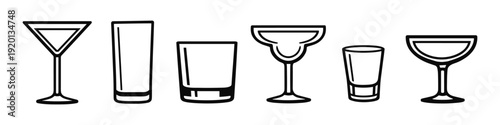 Collection of diverse drinkware icons including martini, highball, rocks, margarita, shot, and coupe glasses