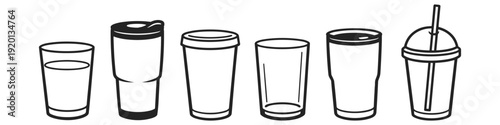 Collection of diverse drinkware icons including tumblers, cups, and glasses with straws