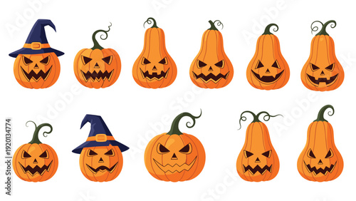 Collection of twelve different carved Halloween jack-o-lantern pumpkins with various spooky and funny facial expressions.