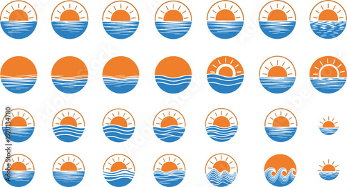 Sunset Over Ocean Icon Vector Set with Sunrise Horizon, Sea Waves, and Minimal Summer Landscape Logo Design Collection