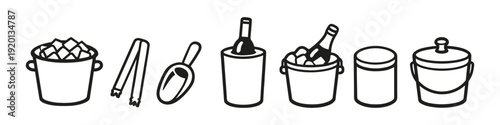 Collection of ice buckets, tongs, and scoop in a simple line art style