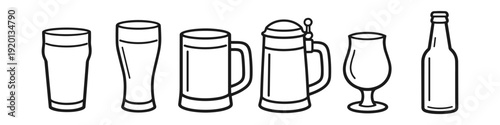Collection of different beer glasses and bottle in a simple line art style