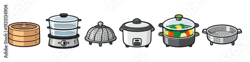 Collection of kitchen appliances for steaming and cooking food, including rice cookers and steamers