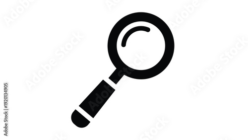 Solid black silhouette icon of a magnifying glass with a handle angled to the right for search and discovery concepts.