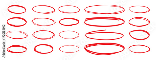 red pen hand drawn doodle marks, red circle and oval stroke set. Outline red drawing line clipart symbol