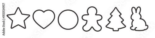 Collection of simple outline cookie cutters in various festive shapes on white background