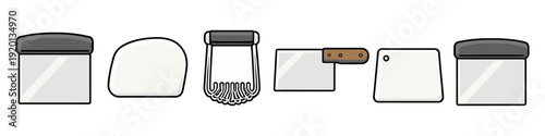 Collection of baking tools including dough scrapers, dough cutter, and pastry blender