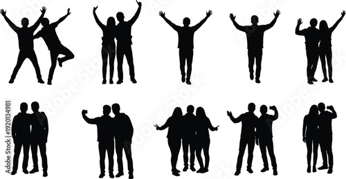 Happy people silhouette set showing couples and friends celebrating with raised hands in various poses isolated on white background for lifestyle, success, and teamwork concepts