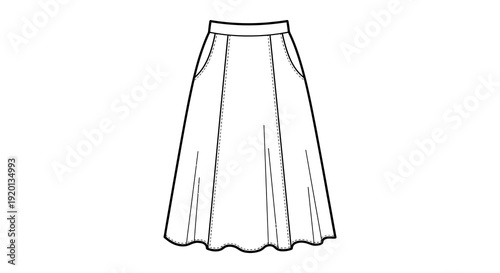 A simple line drawing depicts a long flared skirt with a defined waistband and hemline
