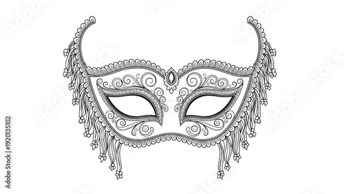 Highly detailed black and white line art of an ornate masquerade mask with intricate lace, feathers, and floral patterns.