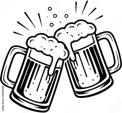 Cheers beer mugs illustration with clinking glasses and foam splash black and white festive icon