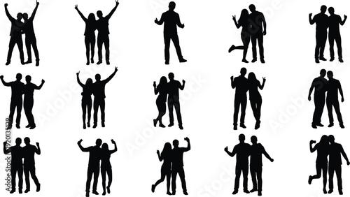 Happy People Silhouettes Set Showing Celebration, Friendship and Positive Emotions, Group Standing Poses, Joyful Social Interaction, Success, Party, Team Spirit and Lifestyle Concept