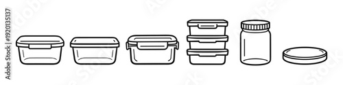 Collection of various food storage containers and a jar with lid, line art illustration