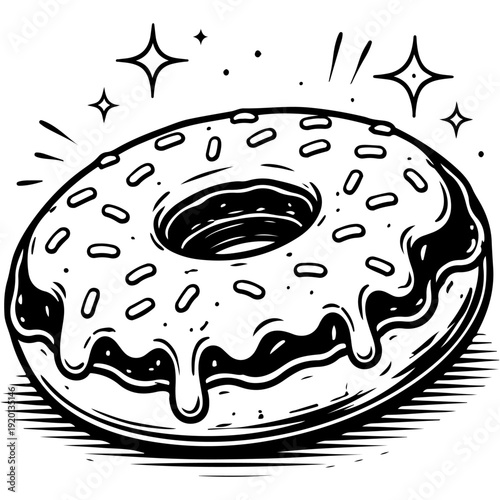 Vintage glazed donut illustration with dripping icing and sprinkles black and white dessert icon
