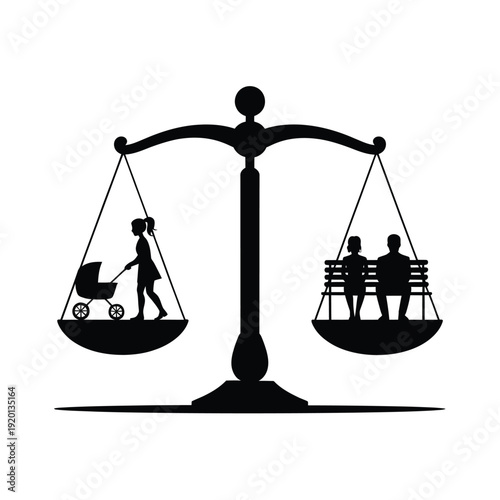 Scales of justice depict a parent with child versus an elderly couple