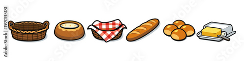 Collection of baked goods and breakfast items including bread, rolls, and butter
