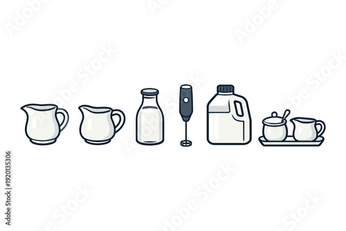 Collection of dairy products and kitchen tools for preparing beverages and food