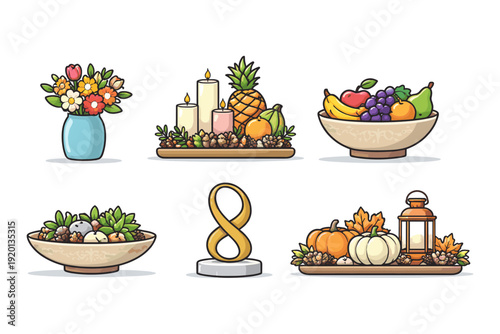 Collection of decorative arrangements featuring flowers, fruits, candles, and seasonal elements