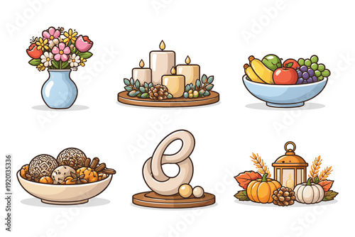 Collection of decorative home accents including flowers, candles, fruit, and seasonal displays