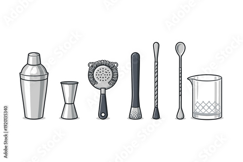 Collection of essential bar tools for making cocktails and drinks