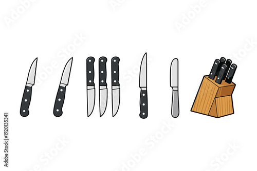 Collection of kitchen knives and a wooden block for storage