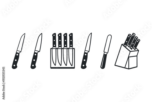 Collection of kitchen knives and knife block illustrations in a clean, modern style