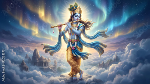 Wallpaper Mural Lord Krishna radiating luminous flute light spreading knowledge across cosmos as celestial background wallpaper. Torontodigital.ca