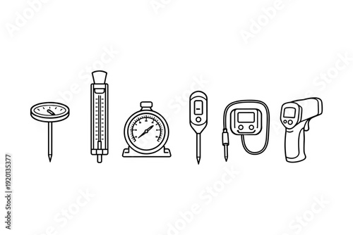 Collection of various temperature measuring devices and gauges in a line drawing style