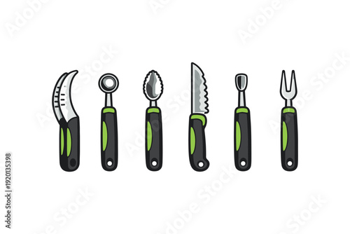 Set of six kitchen tools for fruit and vegetable preparation, cartoon style