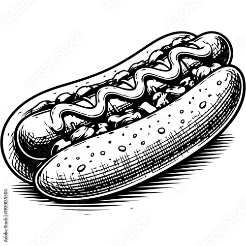 Classic hot dog illustration with mustard and bun vintage black and white fast food icon