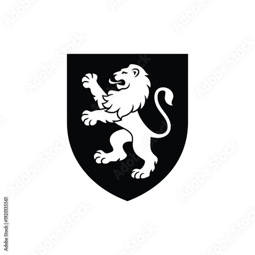A black shield displaying a white heraldic lion rampant in profile