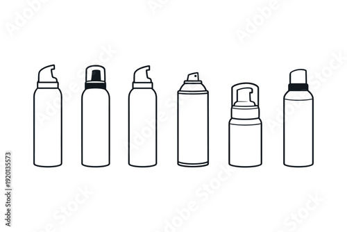 Collection of different aerosol and pump bottles for cosmetics and personal care products